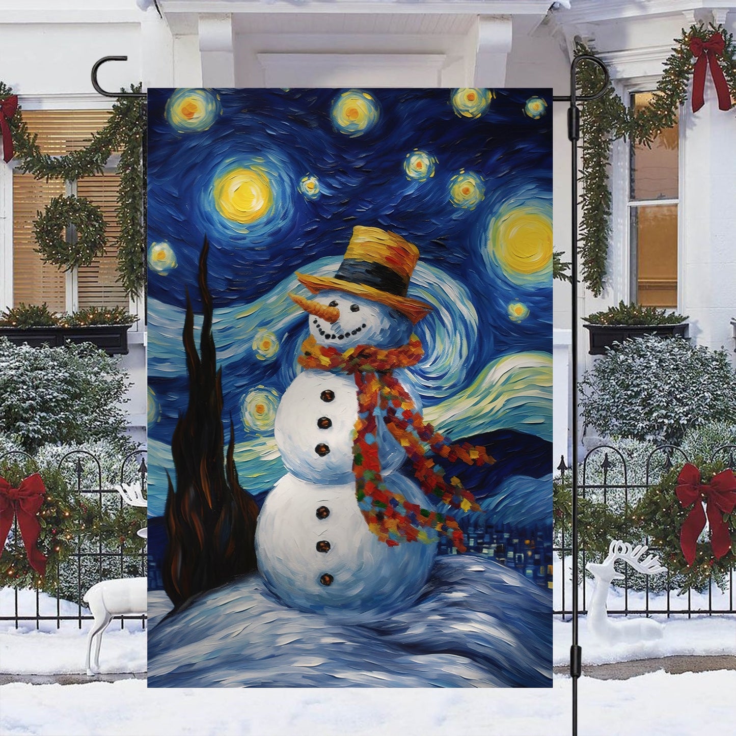 Starry Night Snowman A Whimsical Winter Celebration, Christmas Garden Flag - House Flag, Christmas Flag Gift For Snowman Lovers, Snowman Flag