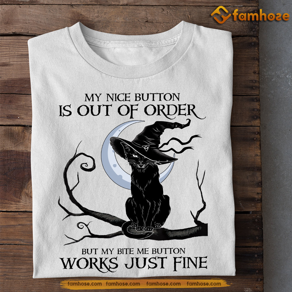 Cool Halloween Black Cat T-shirt, My Nice Button Is Out Of Order, Halloween Gift For Cat Lovers, Cat Tees, Cat Owners