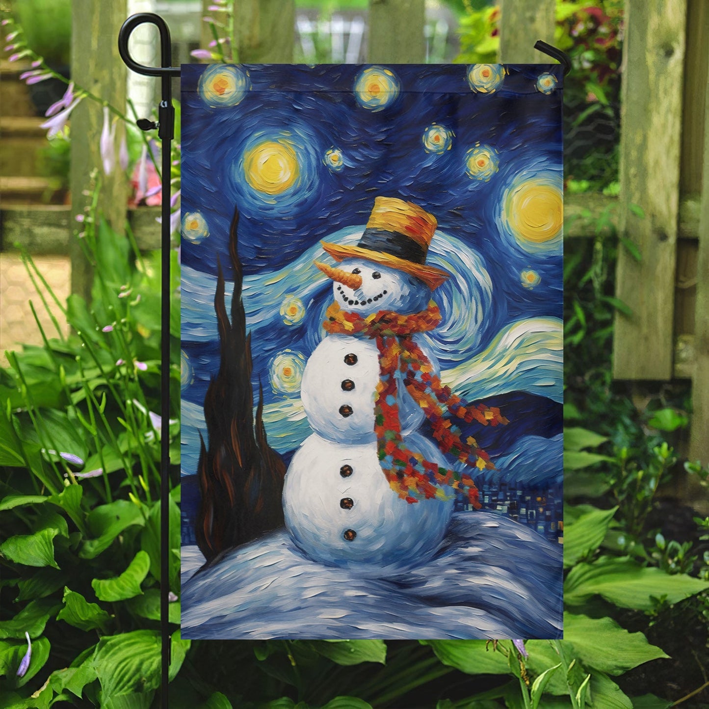 Starry Night Snowman A Whimsical Winter Celebration, Christmas Garden Flag - House Flag, Christmas Flag Gift For Snowman Lovers, Snowman Flag