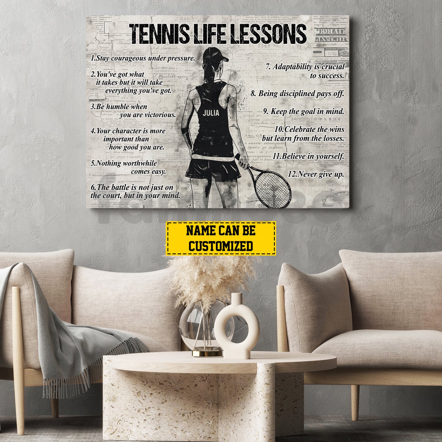 Motivational Personalized Tennis Girl Canvas Painting, Tennis Life Lessons Sports Wall Art Decor, Poster Gift For Tennis Lovers