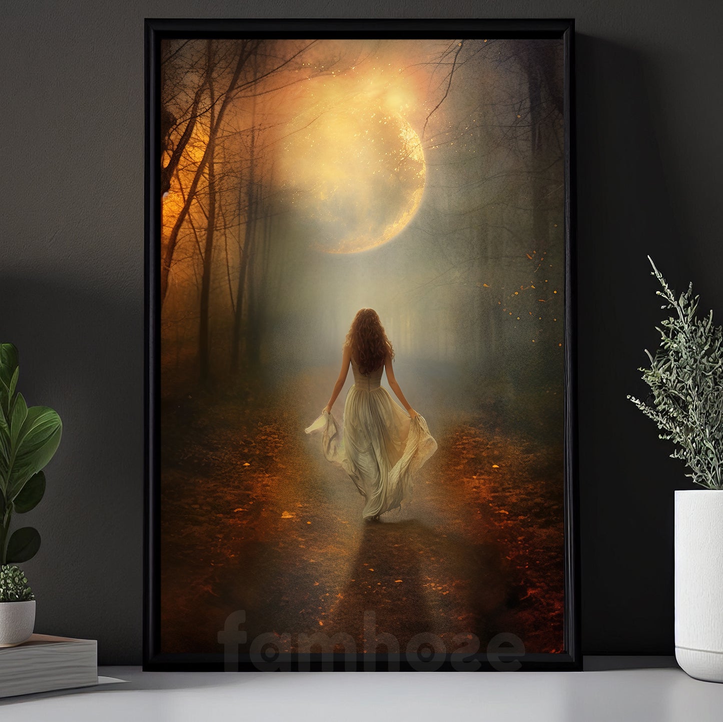 Halloween Canvas Painting, Girl Walks On The Path To The Moon Spooky Season Wall Art Decor, Halloween Poster Gift