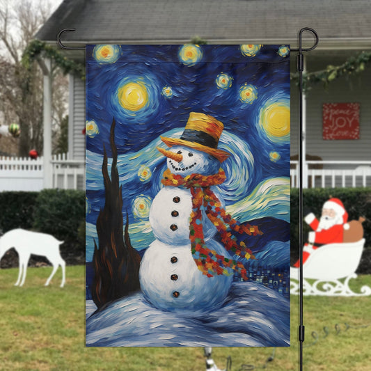 Starry Night Snowman A Whimsical Winter Celebration, Christmas Garden Flag - House Flag, Christmas Flag Gift For Snowman Lovers, Snowman Flag