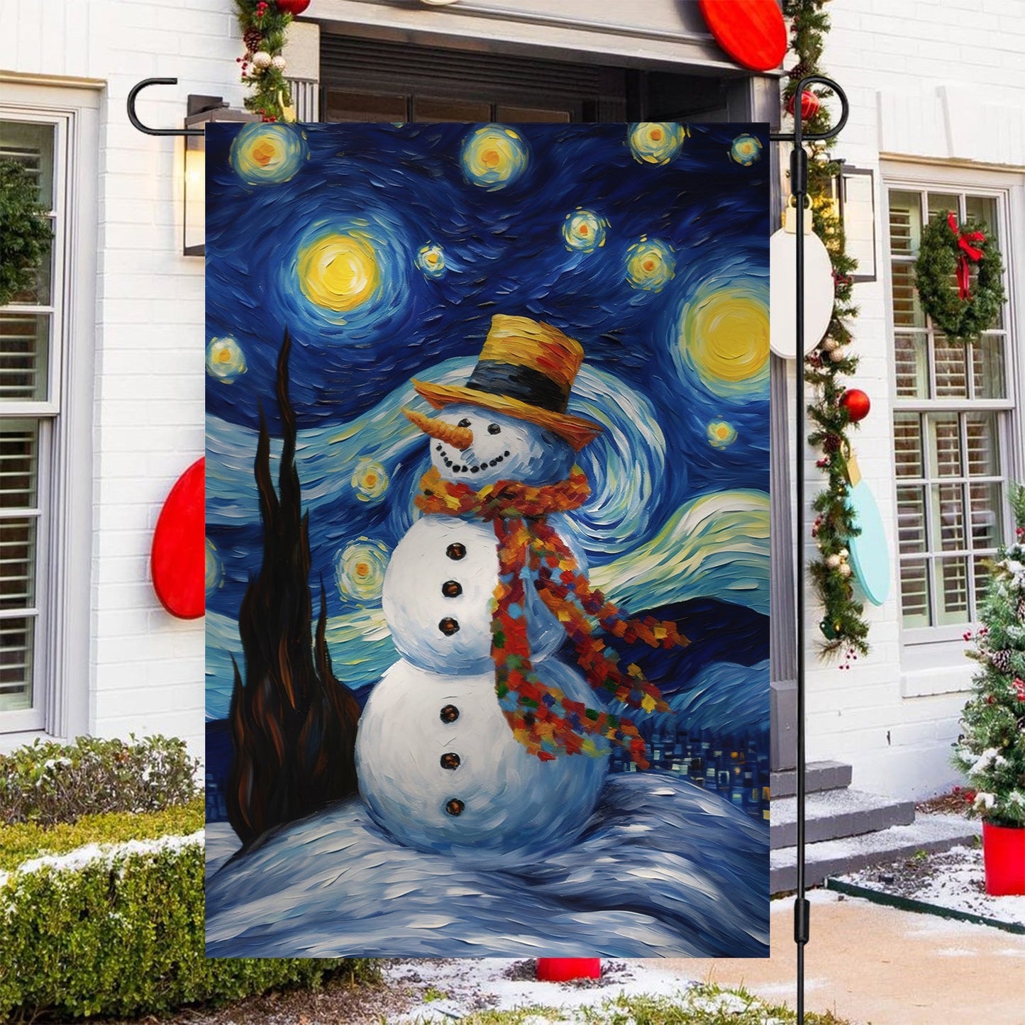 Starry Night Snowman A Whimsical Winter Celebration, Christmas Garden Flag - House Flag, Christmas Flag Gift For Snowman Lovers, Snowman Flag