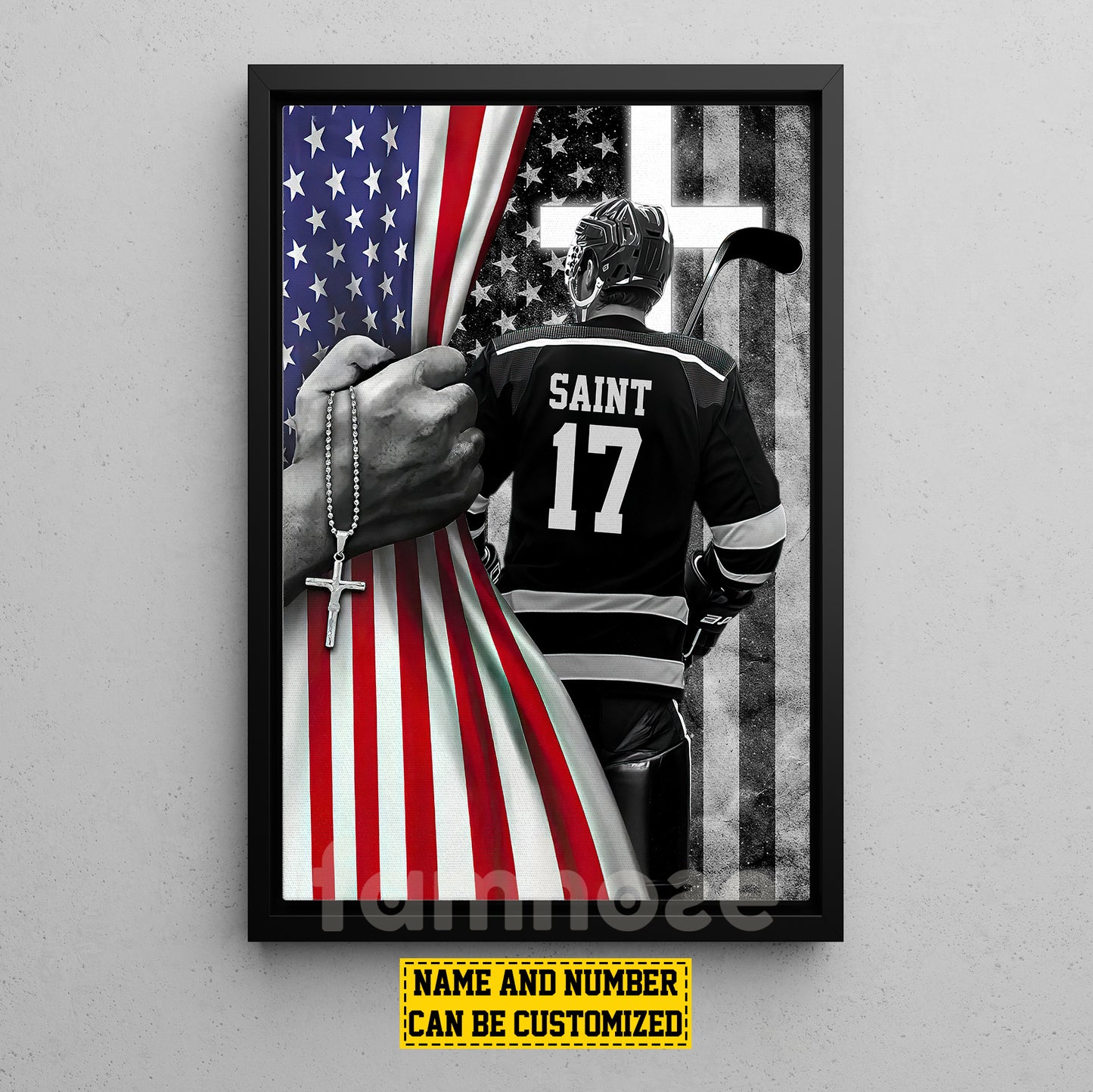 Personalized Hockey Boy Canvas Painting, Stars, Stripes & Hockey Dreams Sports Wall Art Decor, Poster July 4th Gift For Hockey Lovers, God Lovers
