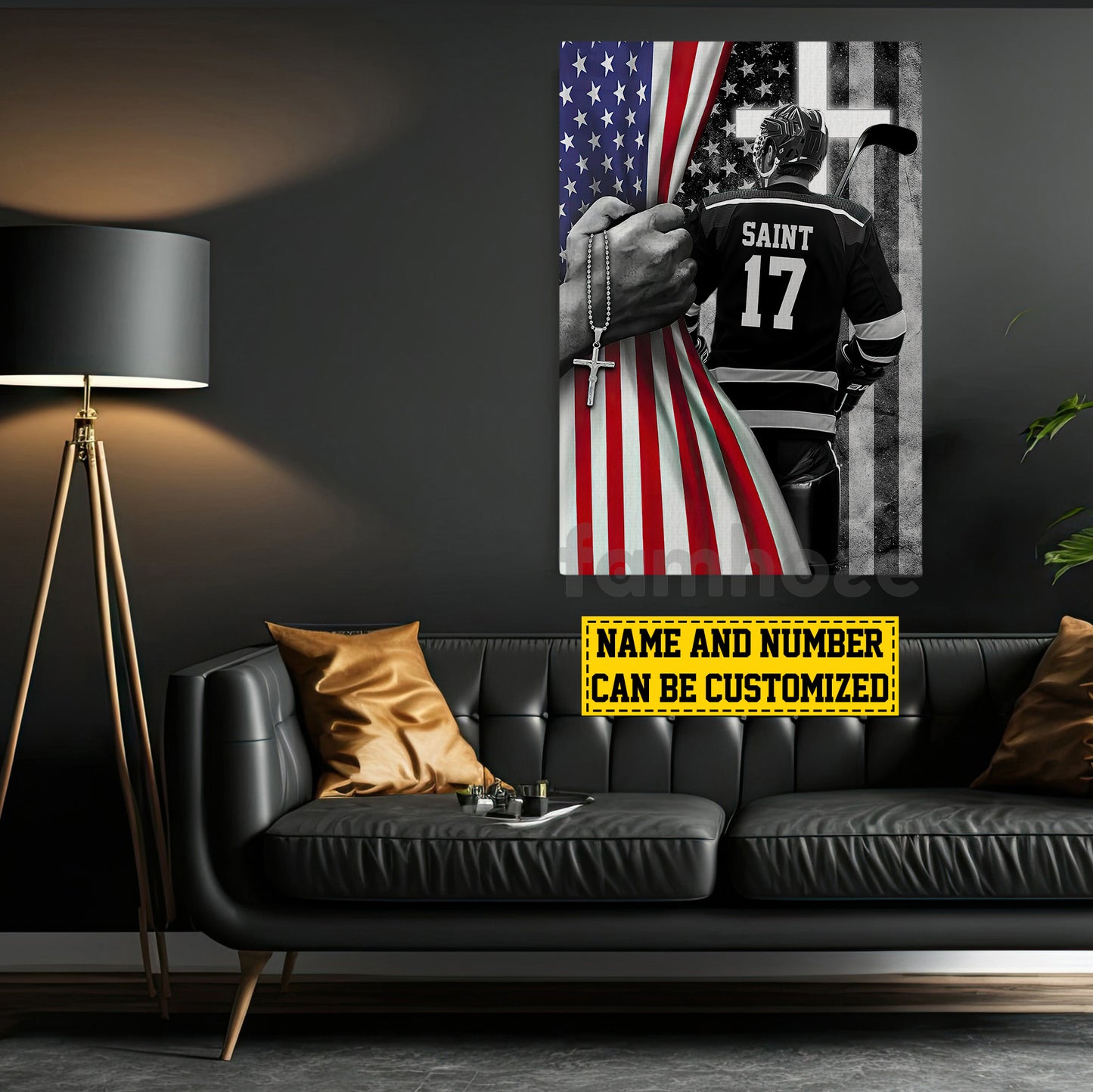 Personalized Hockey Boy Canvas Painting, Stars, Stripes & Hockey Dreams Sports Wall Art Decor, Poster July 4th Gift For Hockey Lovers, God Lovers