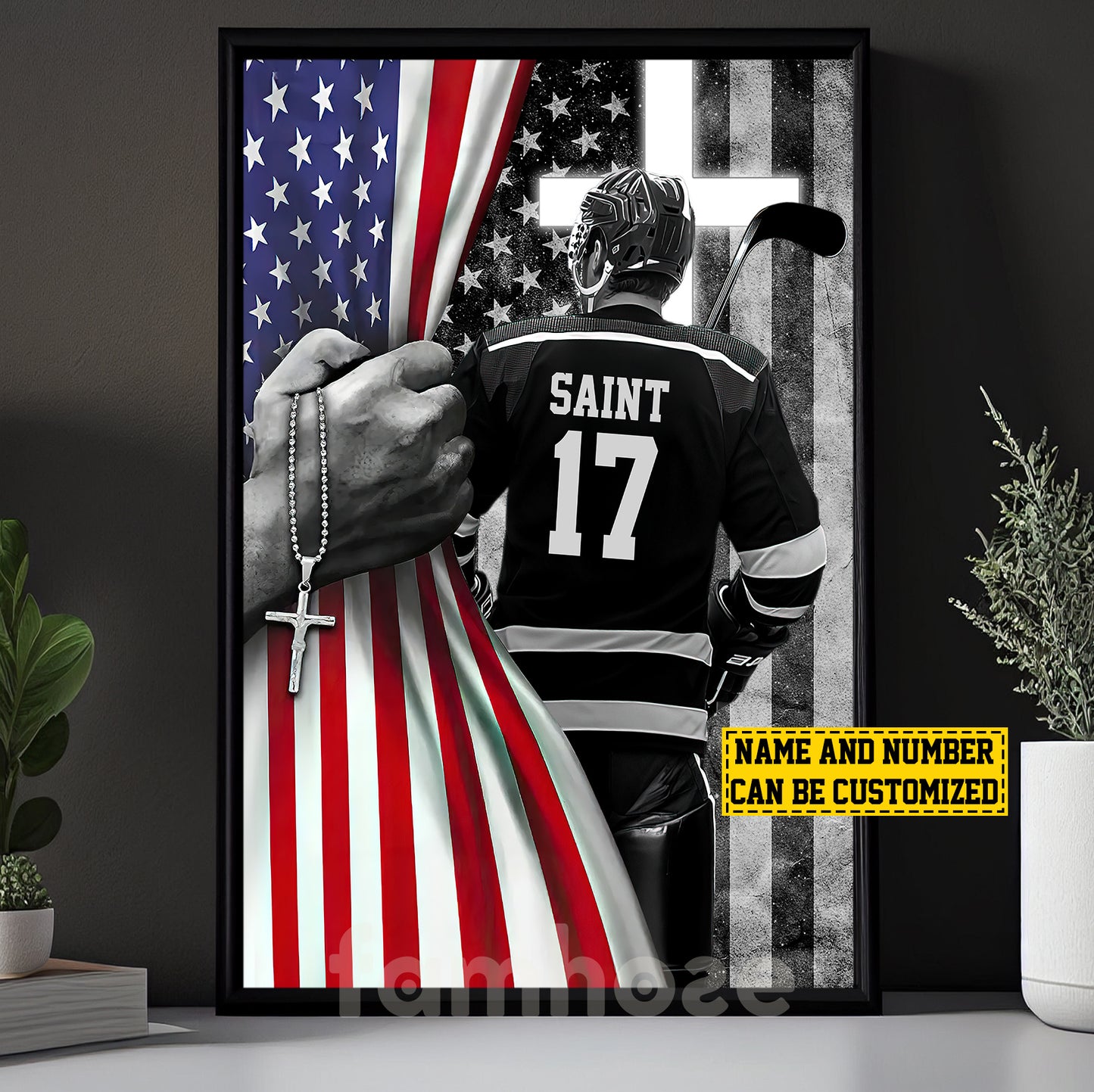 Personalized Hockey Boy Canvas Painting, Stars, Stripes & Hockey Dreams Sports Wall Art Decor, Poster July 4th Gift For Hockey Lovers, God Lovers
