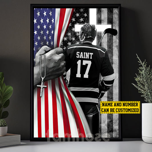 Personalized Hockey Boy Canvas Painting, Stars, Stripes & Hockey Dreams Sports Wall Art Decor, Poster July 4th Gift For Hockey Lovers, God Lovers