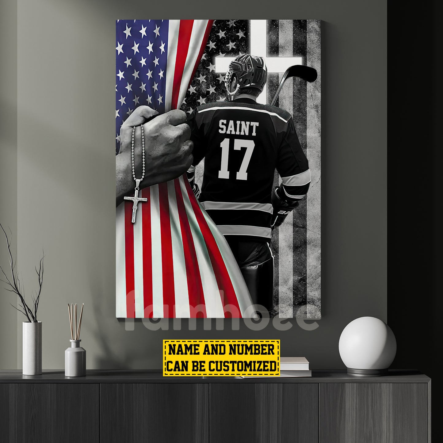 Personalized Hockey Boy Canvas Painting, Stars, Stripes & Hockey Dreams Sports Wall Art Decor, Poster July 4th Gift For Hockey Lovers, God Lovers