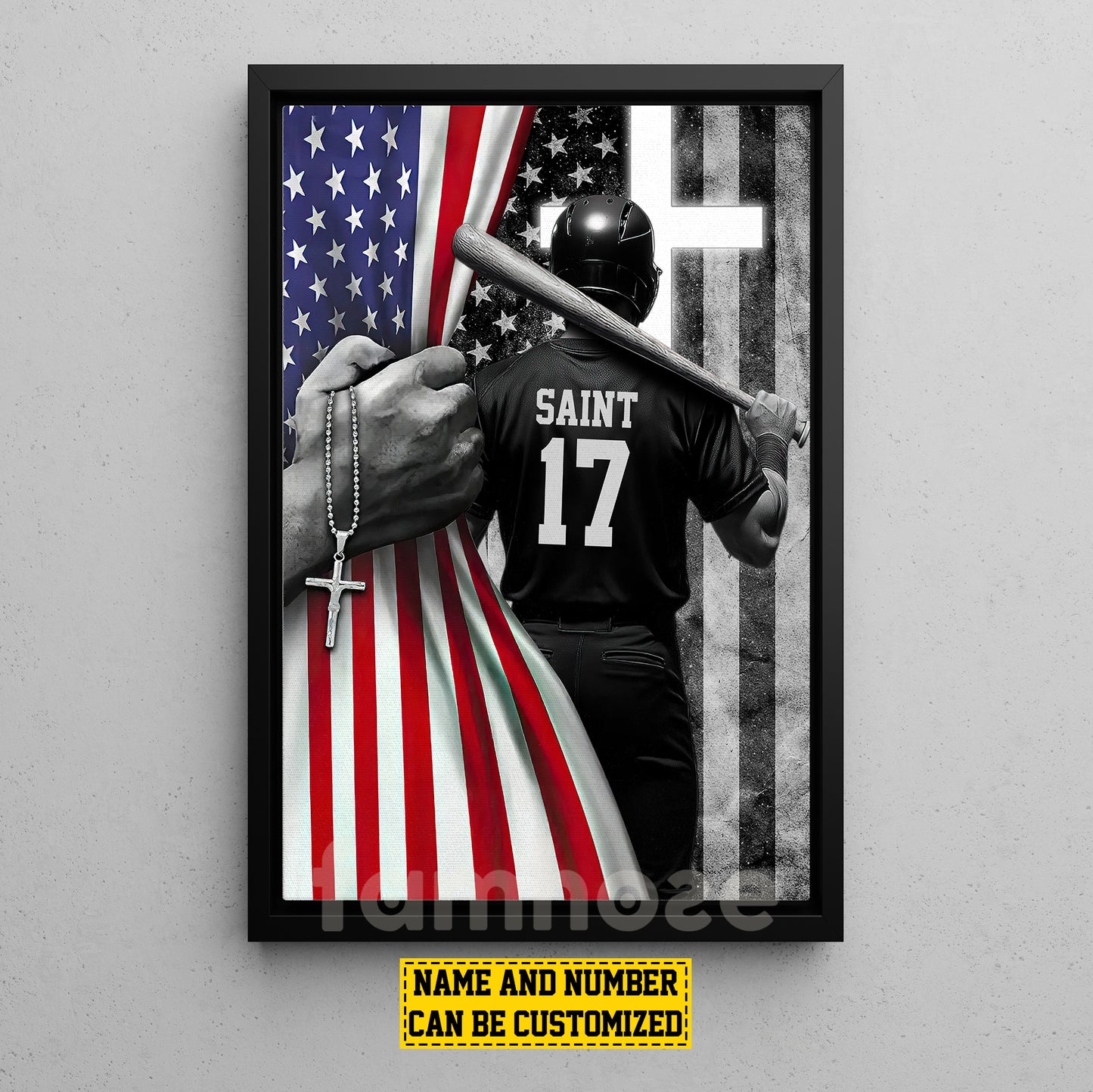Personalized Baseball Boy Canvas Painting, Stars, Stripes & Baseball Dreams Sports Wall Art Decor, Poster July 4th Gift For Baseball Lovers, God Lovers