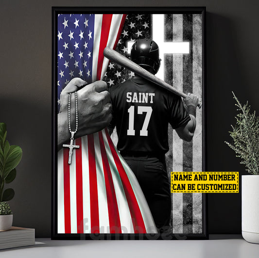 Personalized Baseball Boy Canvas Painting, Stars, Stripes & Baseball Dreams Sports Wall Art Decor, Poster July 4th Gift For Baseball Lovers, God Lovers
