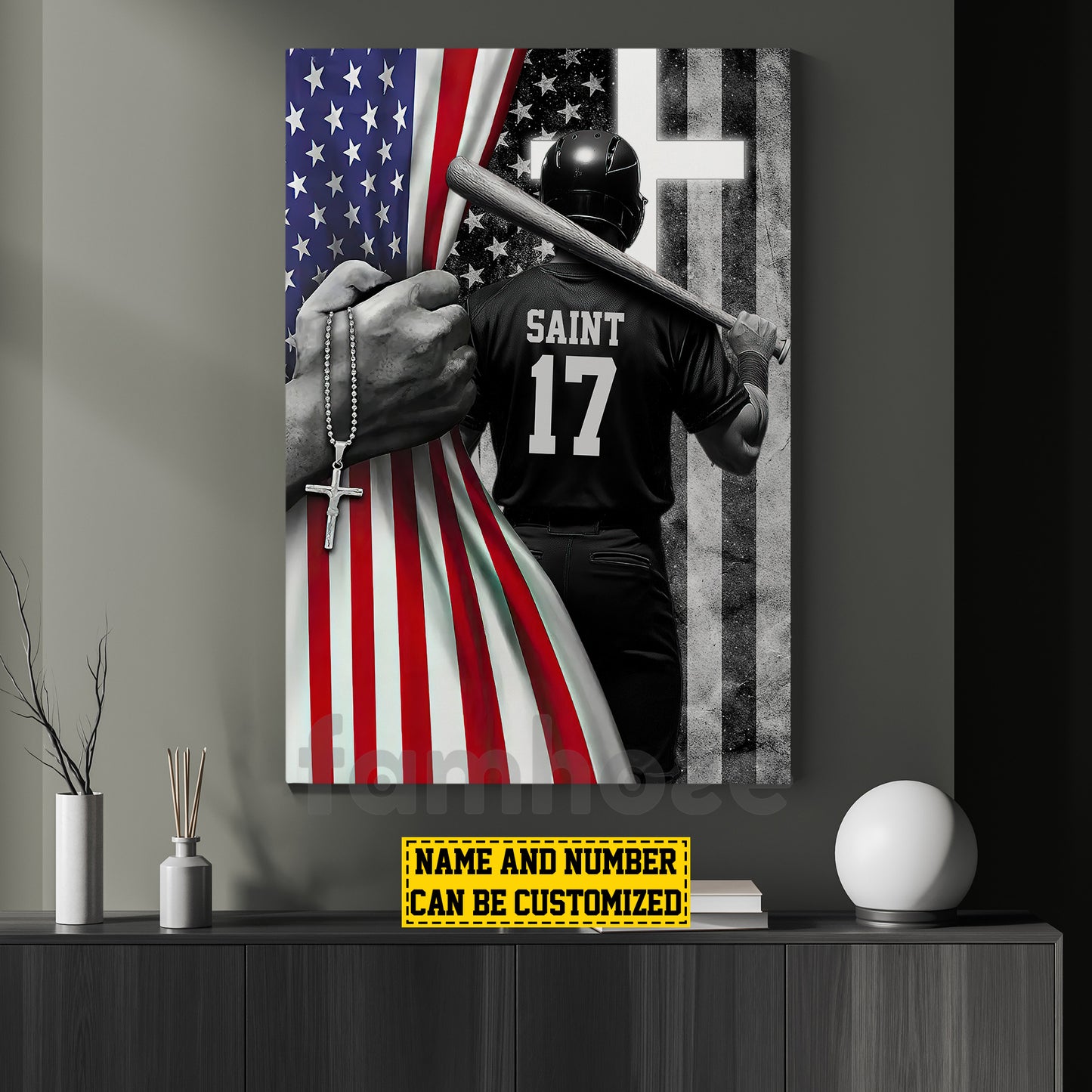 Personalized Baseball Boy Canvas Painting, Stars, Stripes & Baseball Dreams Sports Wall Art Decor, Poster July 4th Gift For Baseball Lovers, God Lovers