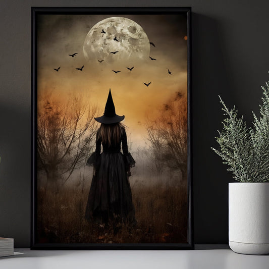 Mystical Witch Under The Moon Light Vintage Gothic Canvas Art Print - Dark Surreal Mythical Witch Halloween Poster Gift For Decorating Your Home