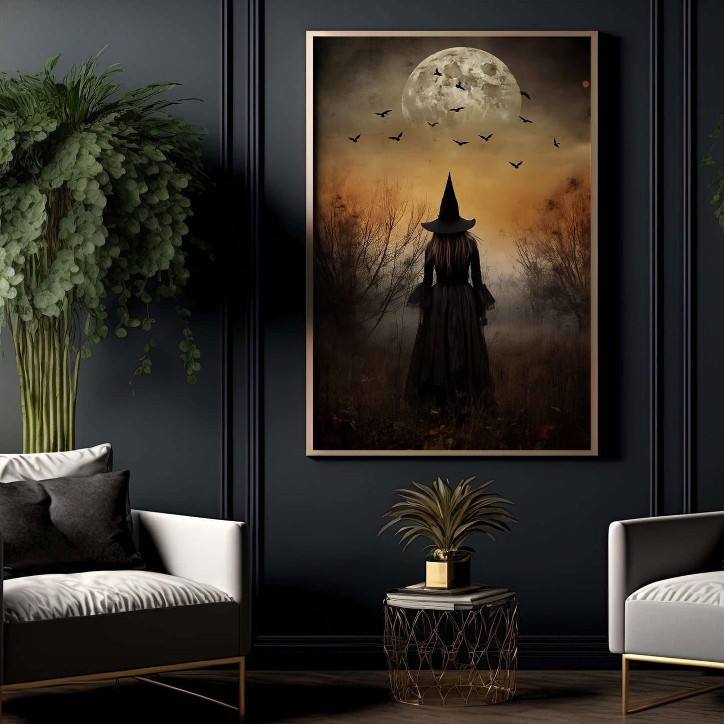 Mystical Witch Under The Moon Light Vintage Gothic Canvas Art Print - Dark Surreal Mythical Witch Halloween Poster Gift For Decorating Your Home