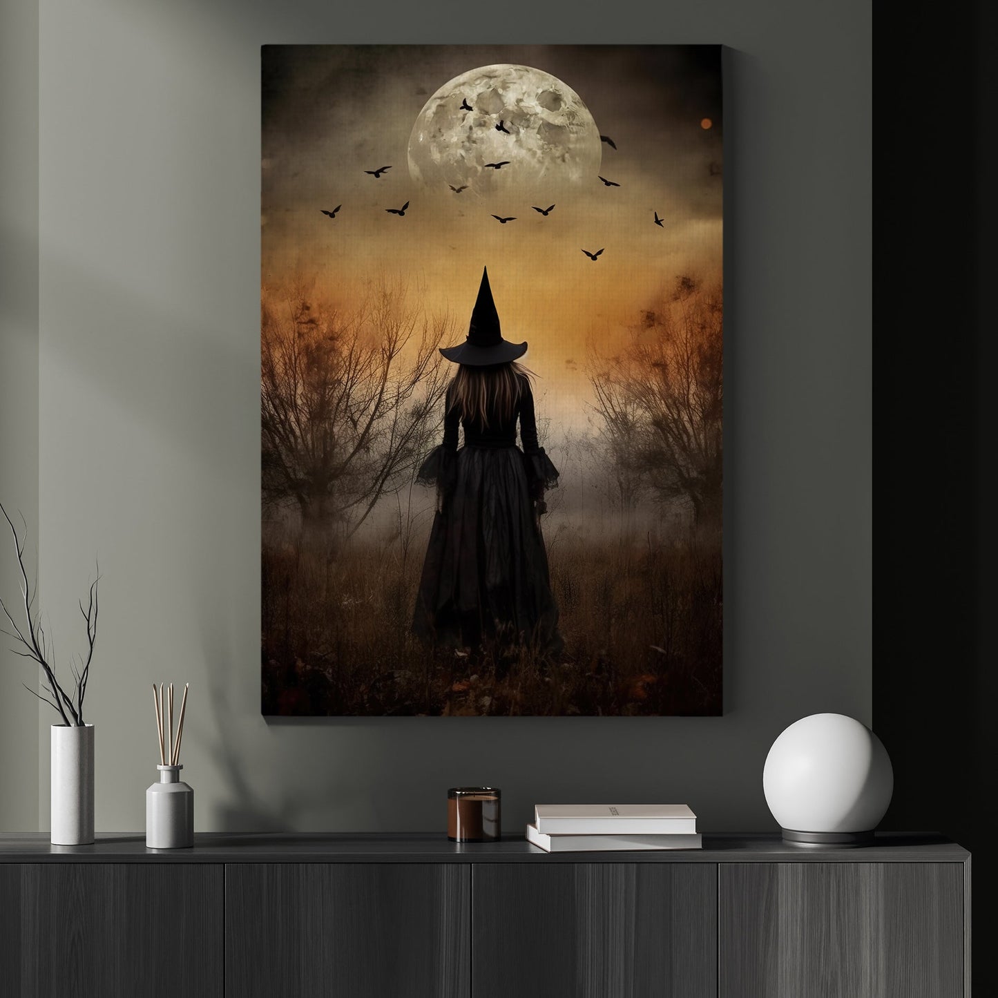 Mystical Witch Under The Moon Light Vintage Gothic Canvas Art Print - Dark Surreal Mythical Witch Halloween Poster Gift For Decorating Your Home