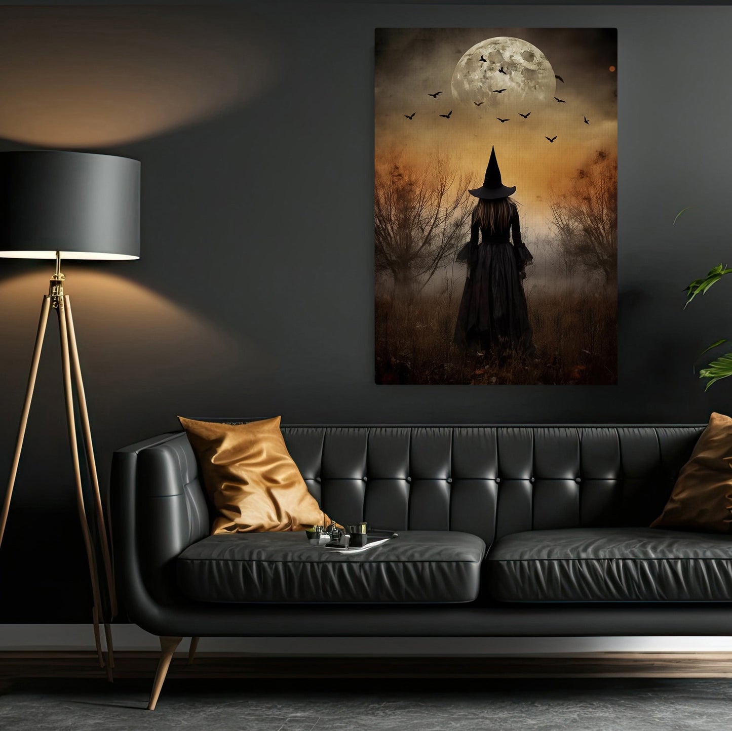 Mystical Witch Under The Moon Light Vintage Gothic Canvas Art Print - Dark Surreal Mythical Witch Halloween Poster Gift For Decorating Your Home
