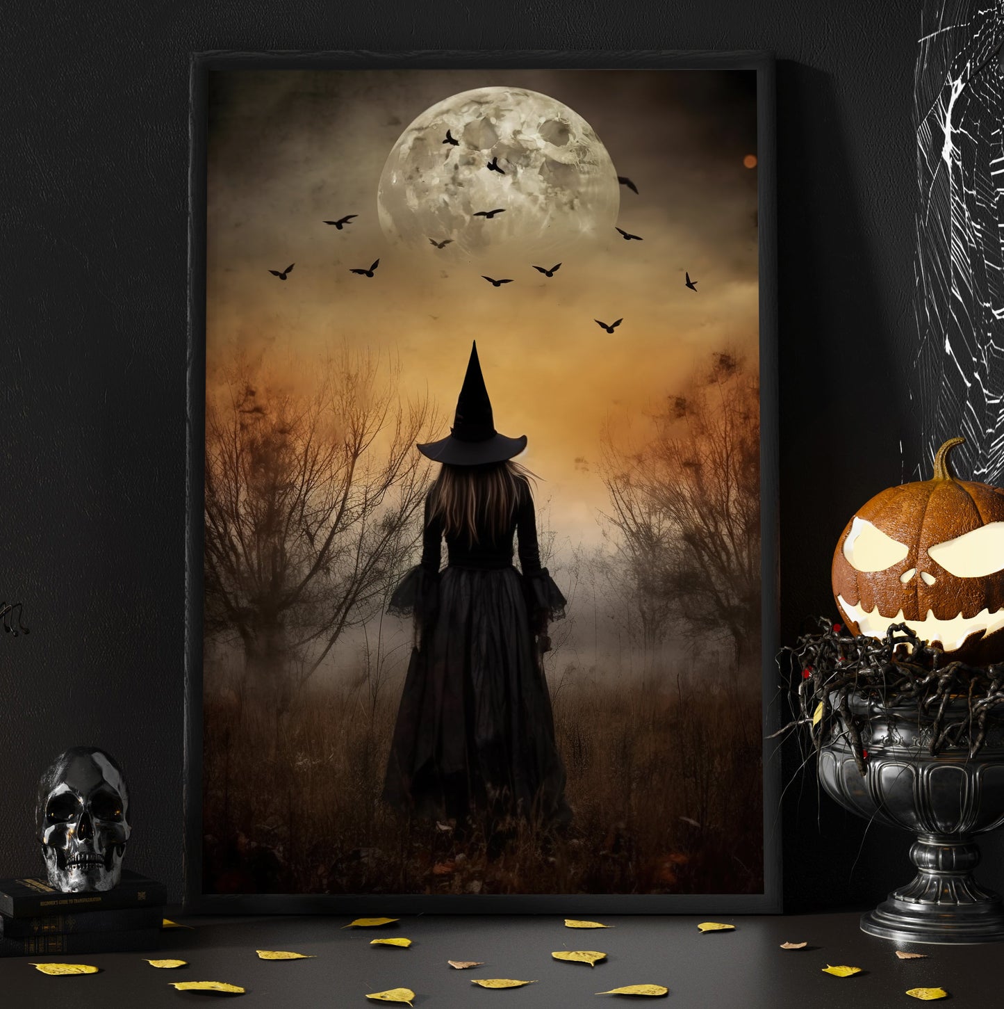 Mystical Witch Under The Moon Light Vintage Gothic Canvas Art Print - Dark Surreal Mythical Witch Halloween Poster Gift For Decorating Your Home