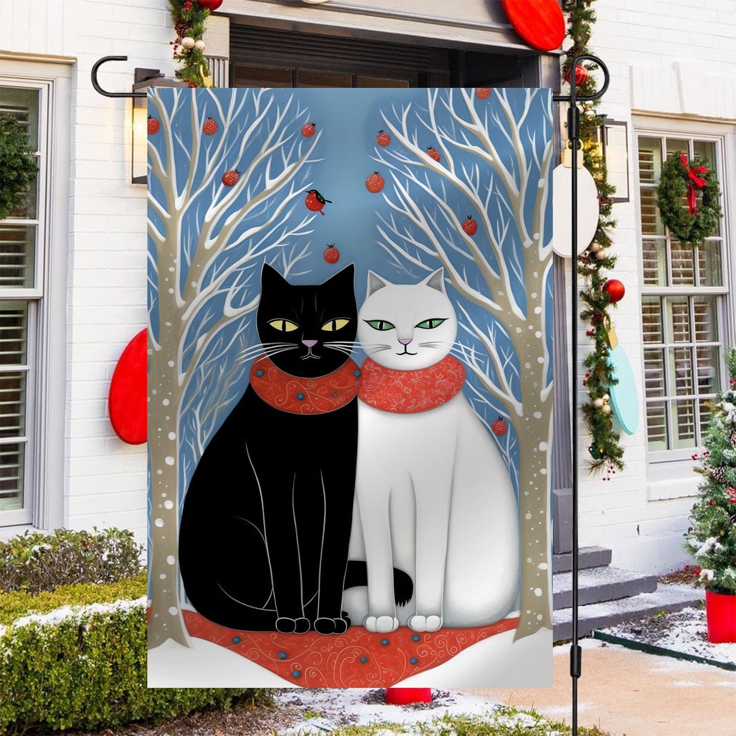 Couple Black And White Cat Together, Christmas Garden Flag - House Flag, Christmas Flag Gift For Cat Lovers, Cat Owners