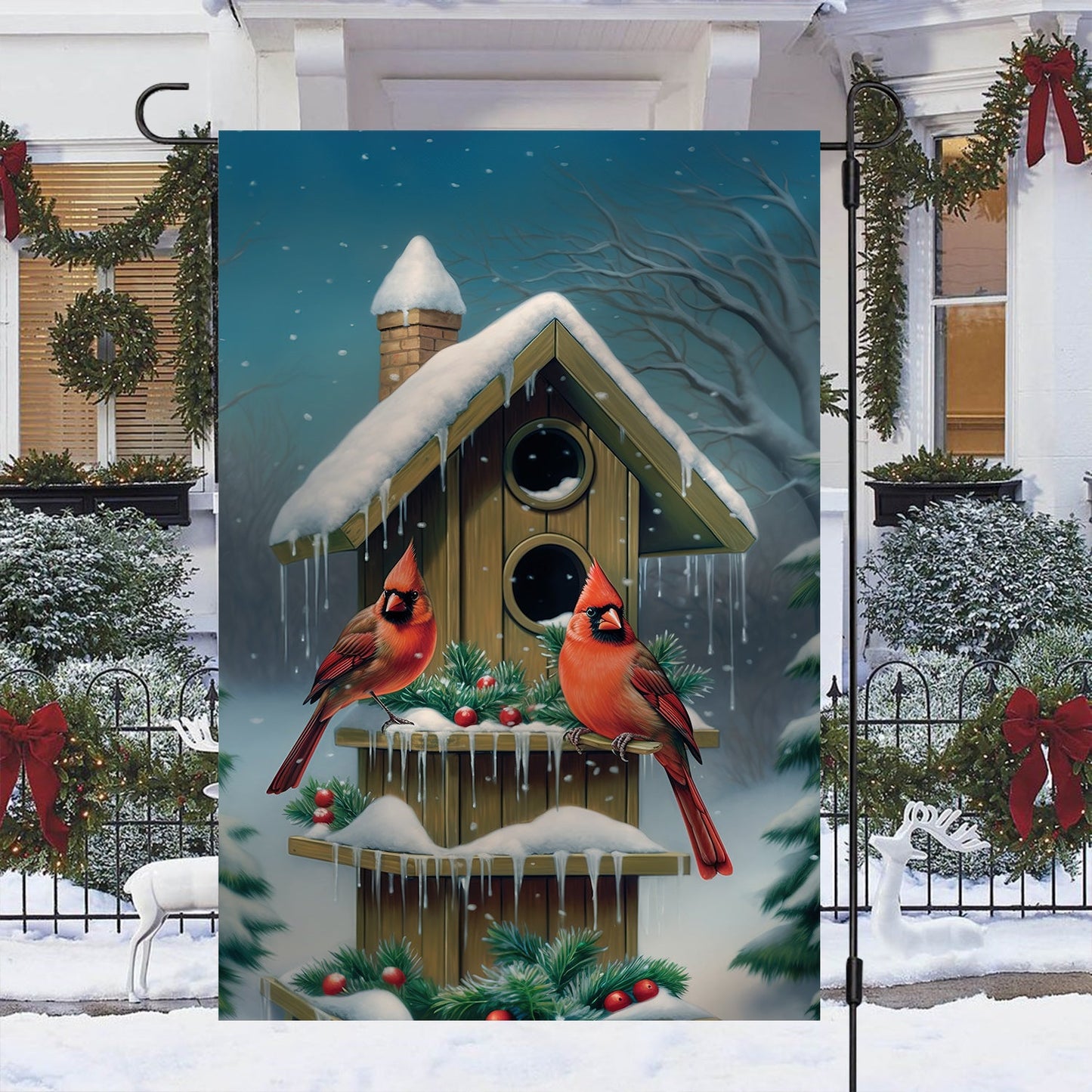 Cardinals At The Snow-Capped Birdhouse, Christmas Garden Flag - House Flag, Christmas Flag Gift For Bird Lovers, Bird Flag