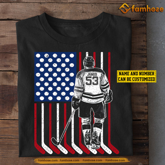 Personalized Hockey Man July 4th T-shirt, American Flag Made Of Hockey Sport Tees Gift For Hockey Lovers