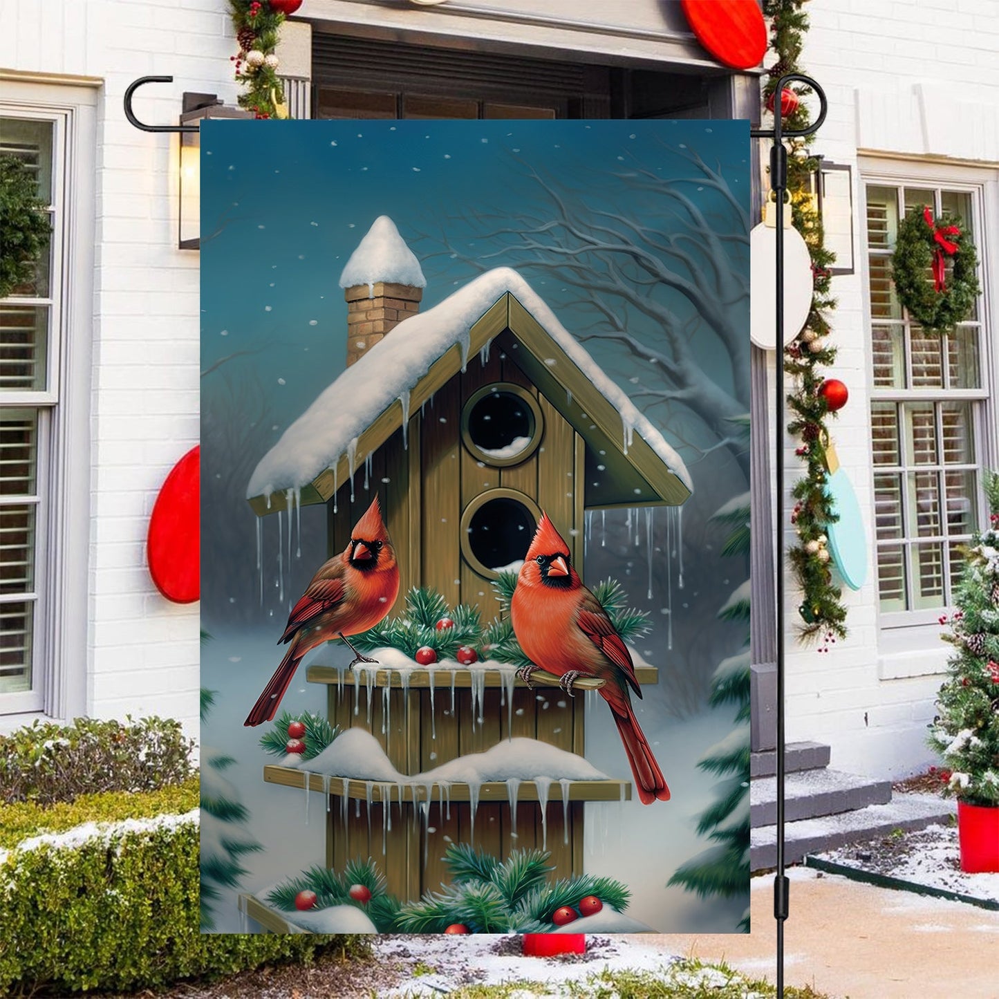 Cardinals At The Snow-Capped Birdhouse, Christmas Garden Flag - House Flag, Christmas Flag Gift For Bird Lovers, Bird Flag