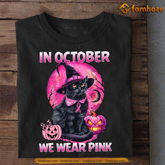 Black Cat T-shirt, In October We Wear Pink, Gift For Cat Lovers Who Supports Breast Cancer Awareness