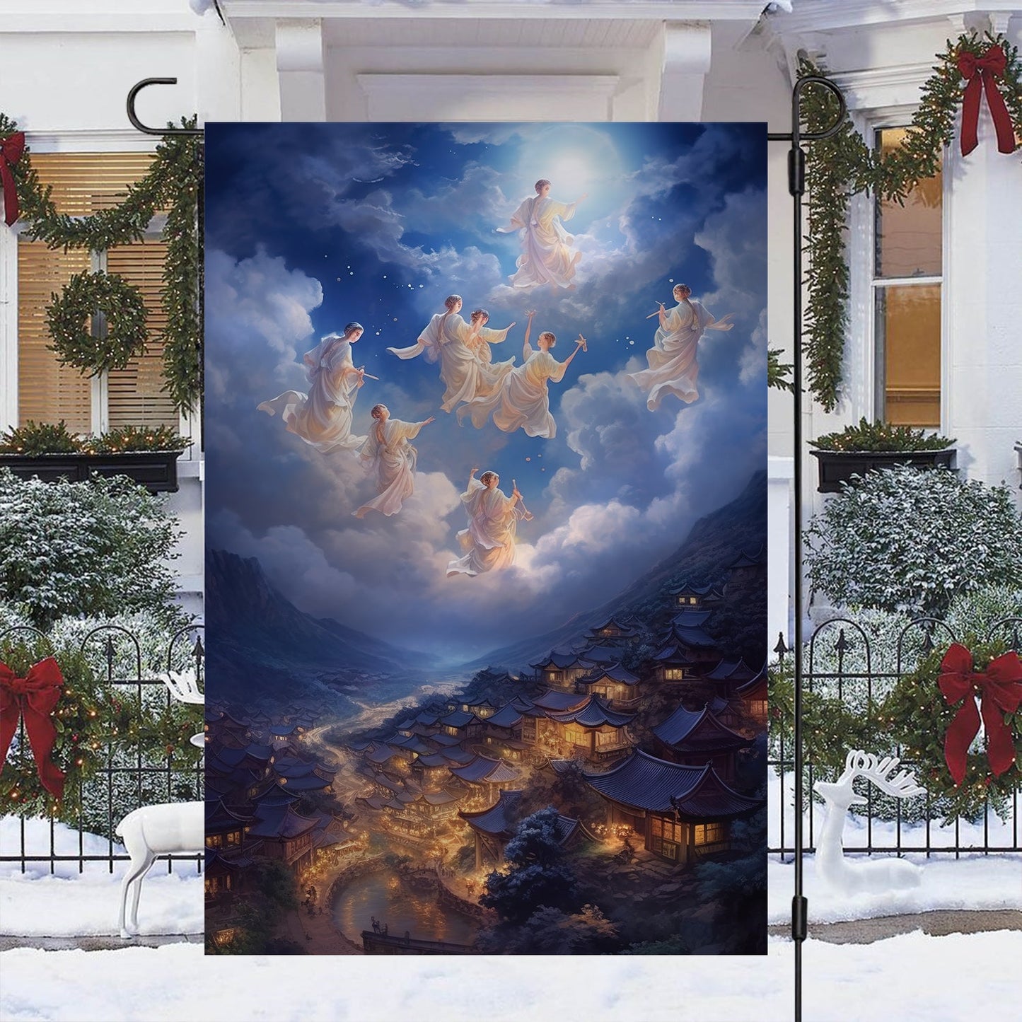 Angels Above The Ancient Village, Christmas Garden Flag - House Flag, Christmas Flag Gift For Angel Lovers, Angel Flag