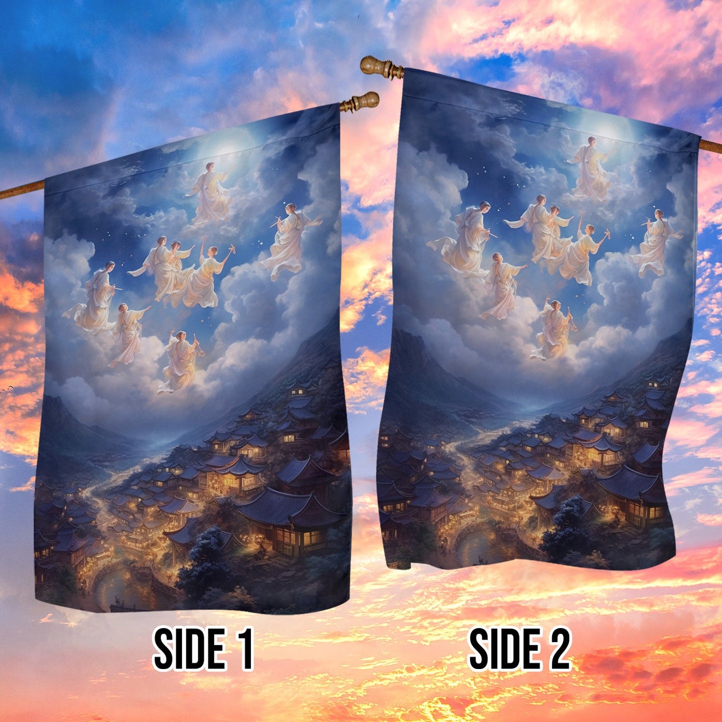 Angels Above The Ancient Village, Christmas Garden Flag - House Flag, Christmas Flag Gift For Angel Lovers, Angel Flag