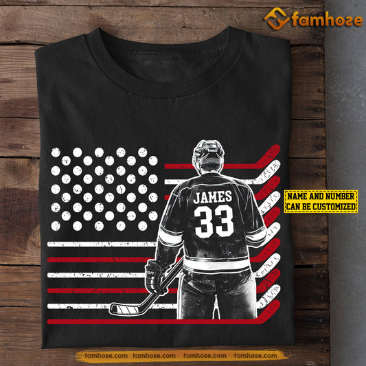 Personalized Hockey Man July 4th T-shirt, American Hockey Flag Sport Tees Gift For Hockey Lovers