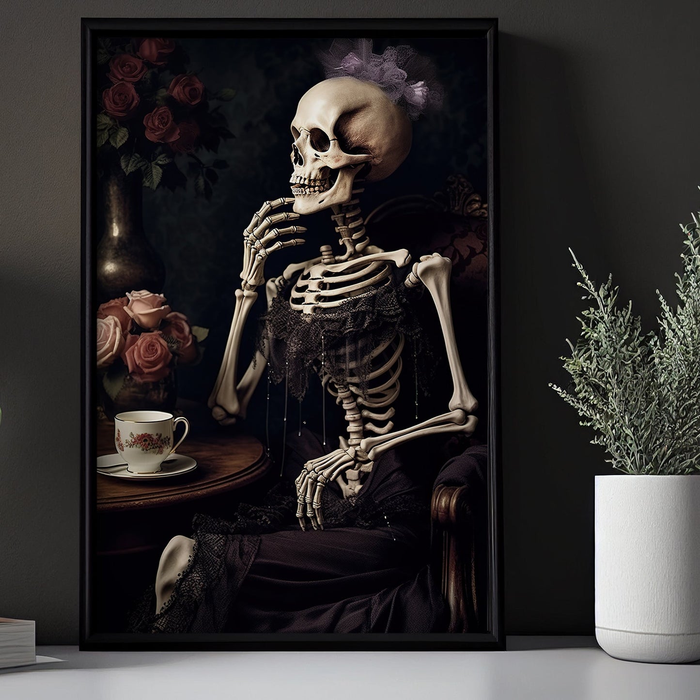 The Skeleton Was Sitting And Thinking With A Cup Of Tea On The Table Canvas Wall Art Print - Skull Halloween Poster Print Art For Decorating Your Home