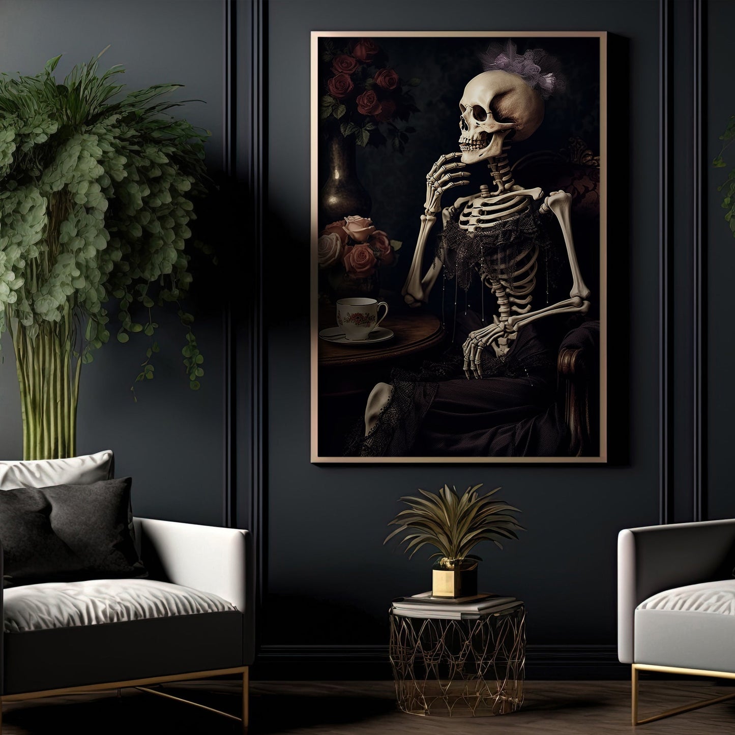 The Skeleton Was Sitting And Thinking With A Cup Of Tea On The Table Canvas Wall Art Print - Skull Halloween Poster Print Art For Decorating Your Home