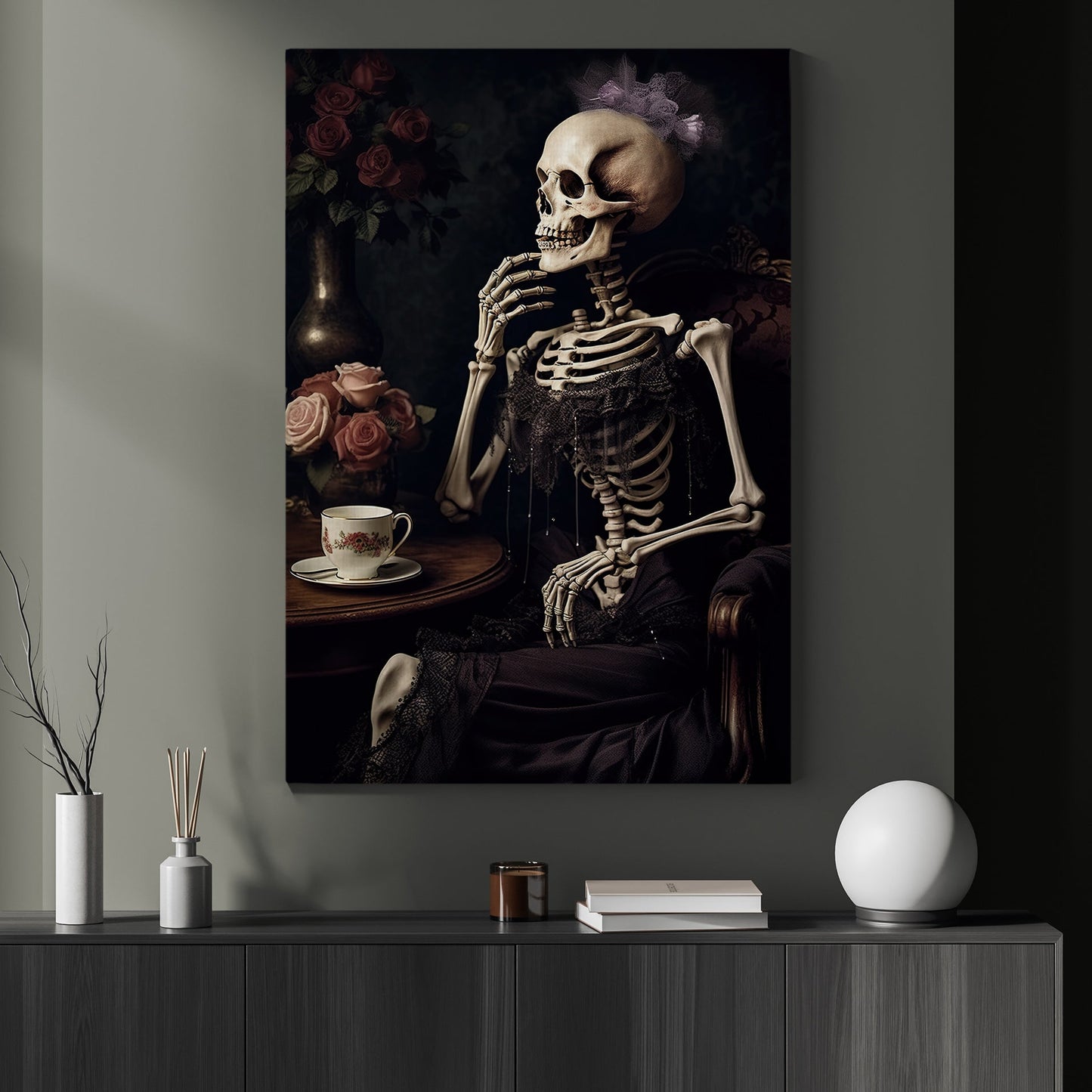 The Skeleton Was Sitting And Thinking With A Cup Of Tea On The Table Canvas Wall Art Print - Skull Halloween Poster Print Art For Decorating Your Home