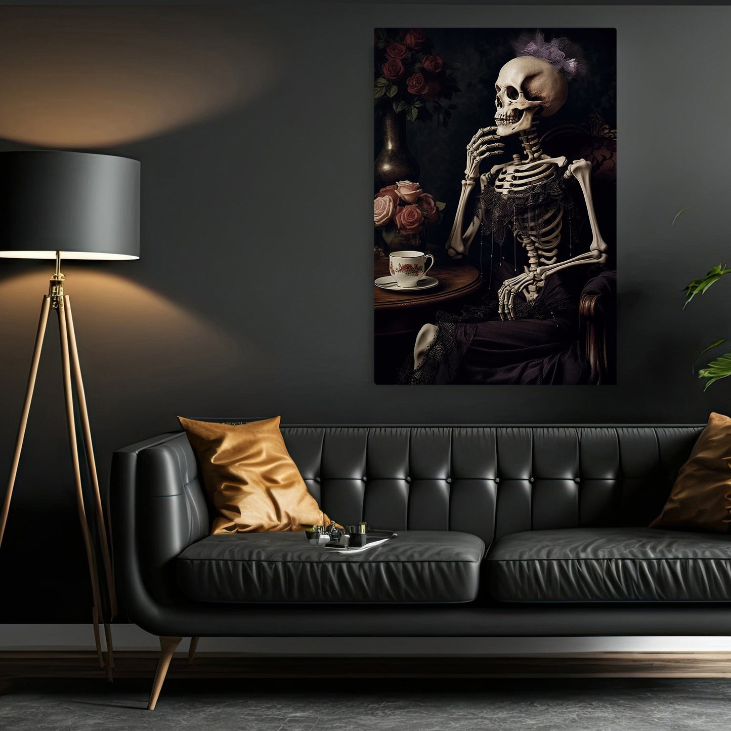 The Skeleton Was Sitting And Thinking With A Cup Of Tea On The Table Canvas Wall Art Print - Skull Halloween Poster Print Art For Decorating Your Home