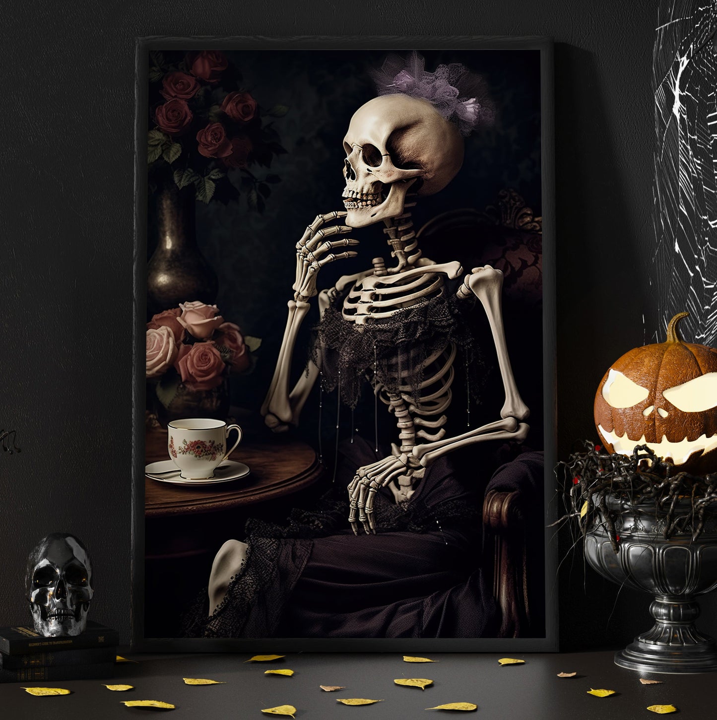 The Skeleton Was Sitting And Thinking With A Cup Of Tea On The Table Canvas Wall Art Print - Skull Halloween Poster Print Art For Decorating Your Home