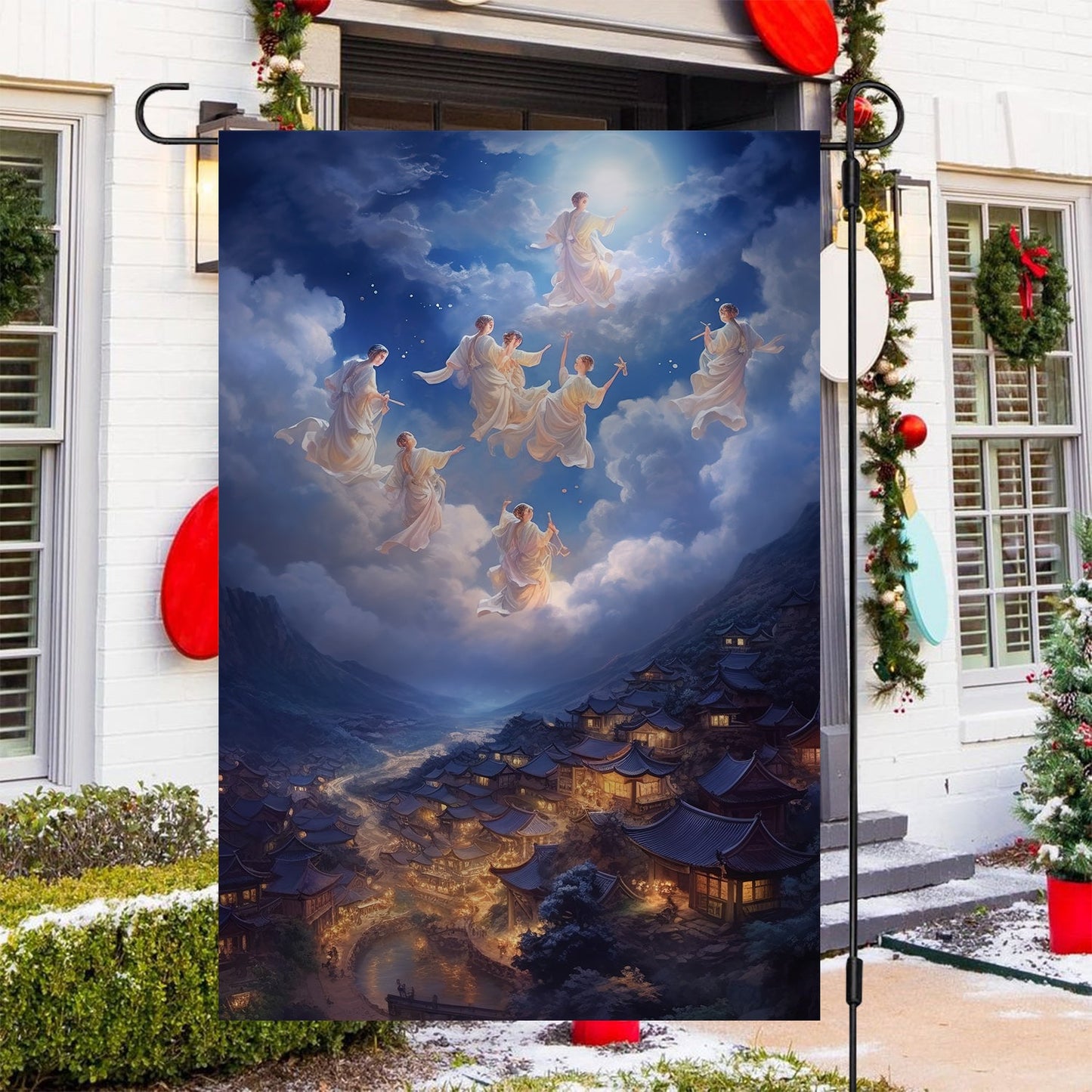 Angels Above The Ancient Village, Christmas Garden Flag - House Flag, Christmas Flag Gift For Angel Lovers, Angel Flag