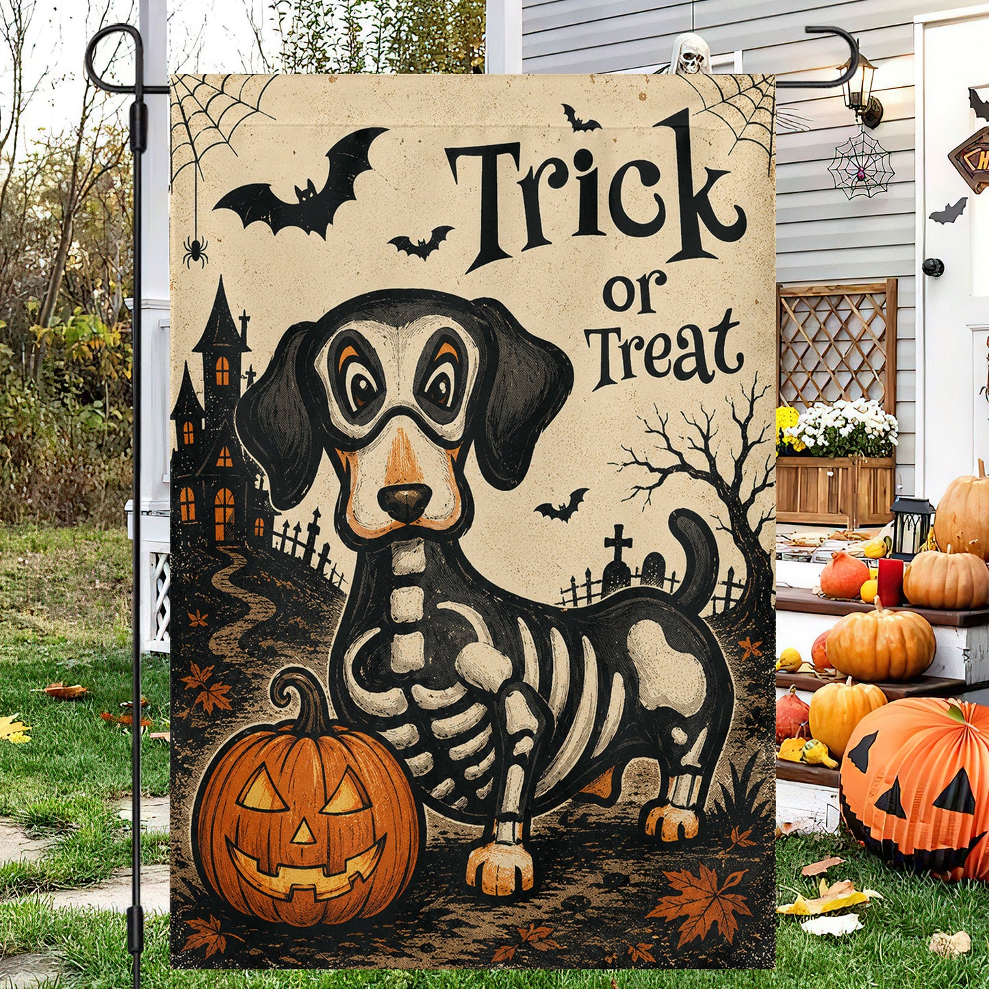 Cute Halloween Skeleton Dachshund Dog Garden & House Flag, Trick Or Treat Yard Flag, Spooky Season Gift For Dog Lover