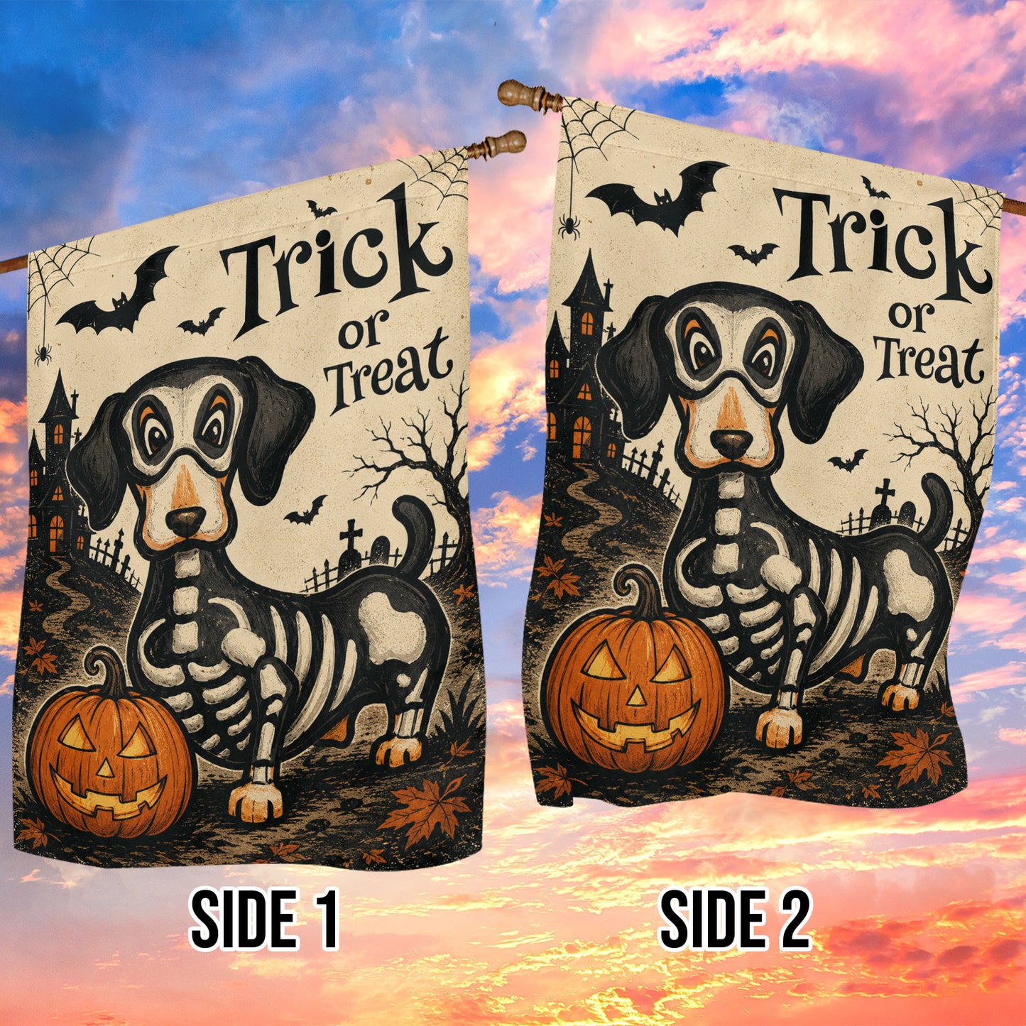 Cute Halloween Skeleton Dachshund Dog Garden & House Flag, Trick Or Treat Yard Flag, Spooky Season Gift For Dog Lover