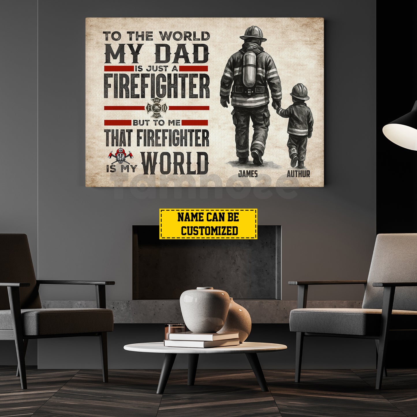 Personalized Firefighter Dad Son Canvas Painting, To Me That Firefighter Is My World Wall Art Decor, Poster Father's Day Gift For Fireman, Firefighter Lovers