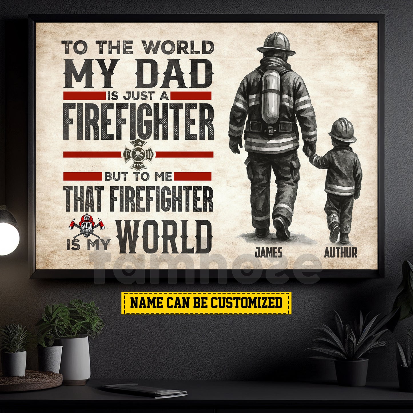Personalized Firefighter Dad Son Canvas Painting, To Me That Firefighter Is My World Wall Art Decor, Poster Father's Day Gift For Fireman, Firefighter Lovers