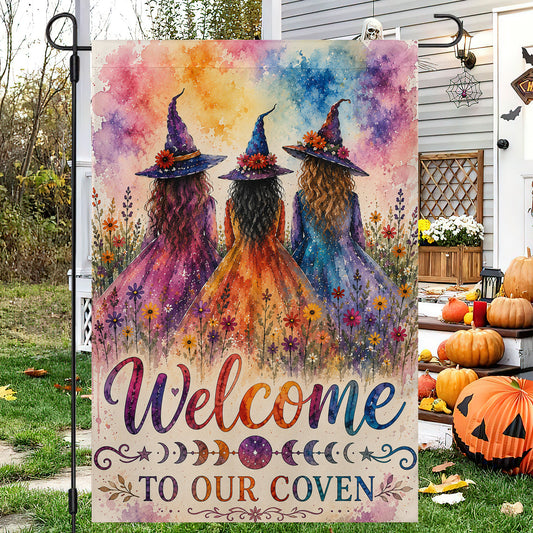Halloween Welcome To Our Coven Garden & House Flag, Colorful Witch Yard Flag Spooky Season Gift For Witch Lover