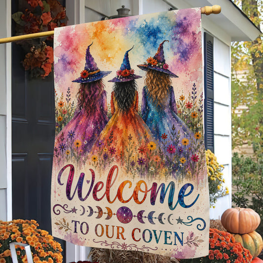 Halloween Welcome To Our Coven Garden & House Flag, Colorful Witch Yard Flag Spooky Season Gift For Witch Lover