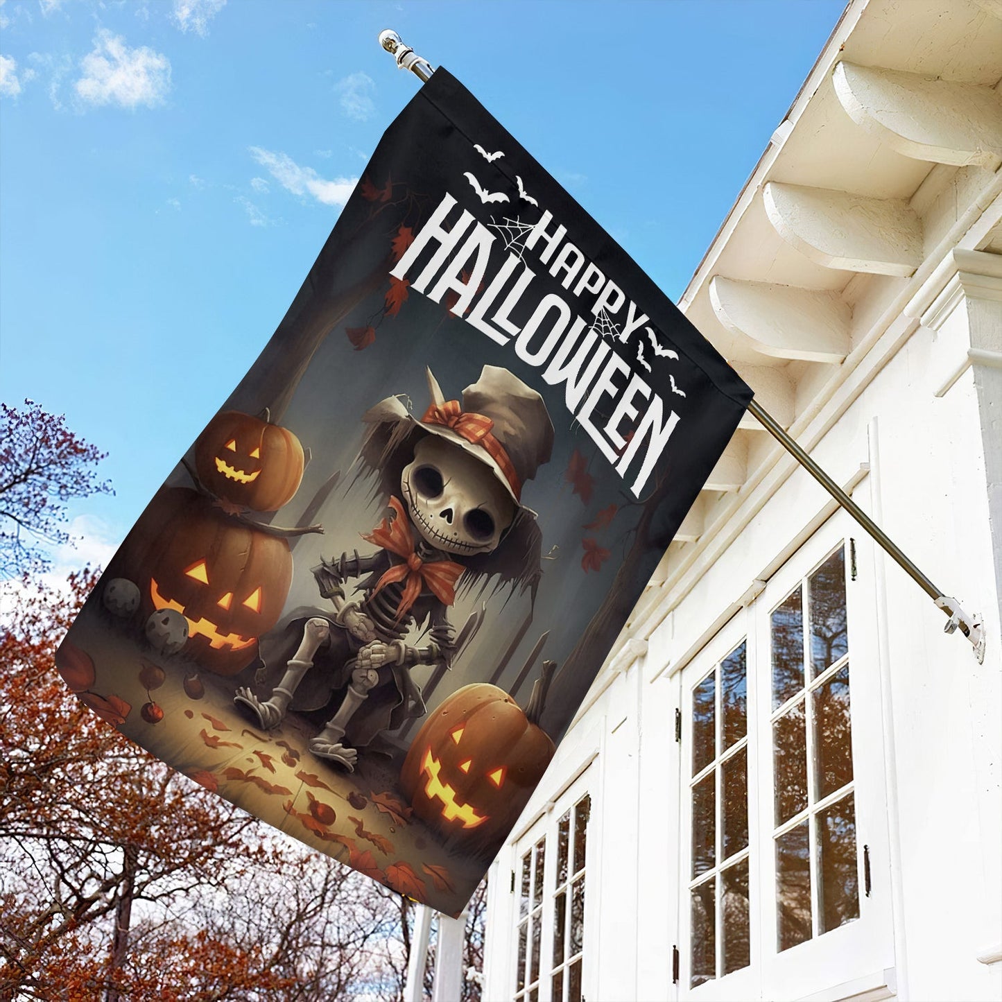 Cool Halloween Flag, Human Skeleton Sitting On Chair Spooky, Flag Gift For Halloween, Gift For Garden Flag