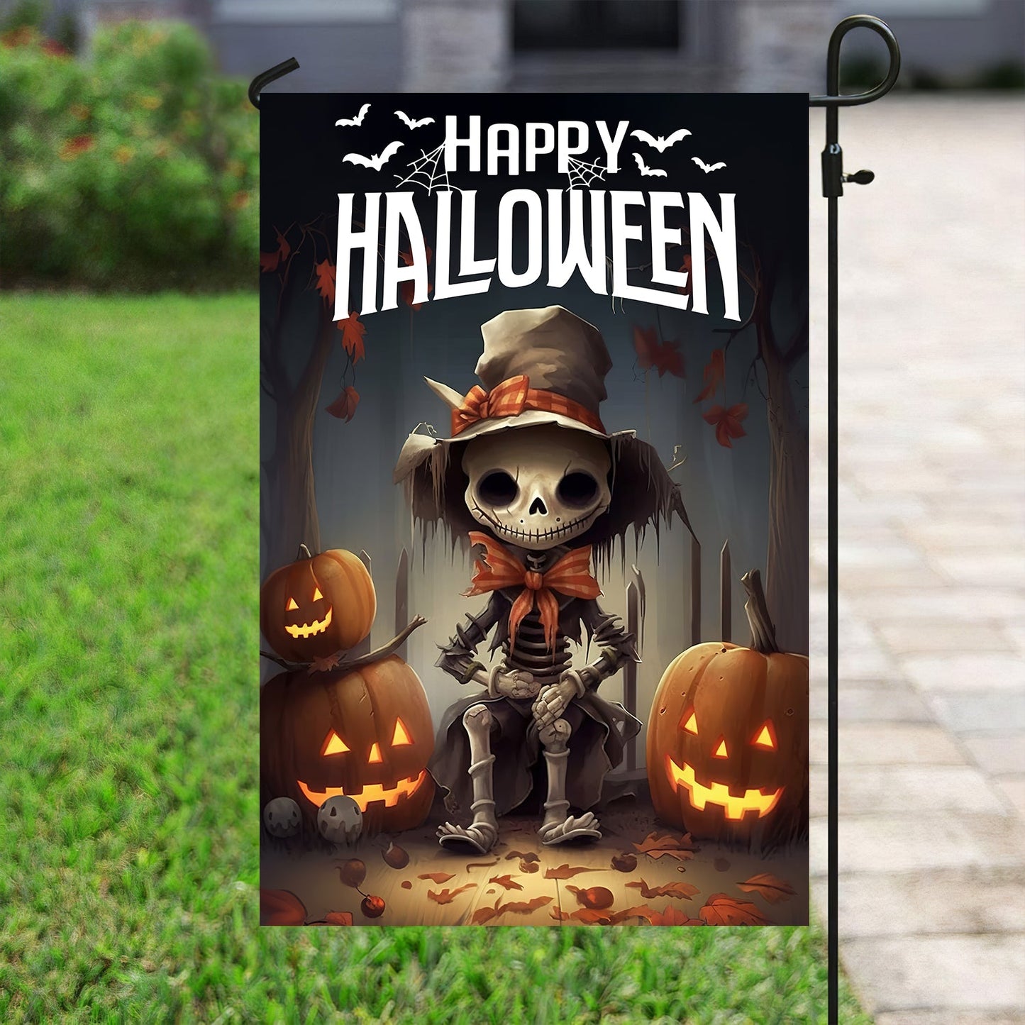 Cool Halloween Flag, Human Skeleton Sitting On Chair Spooky, Flag Gift For Halloween, Gift For Garden Flag