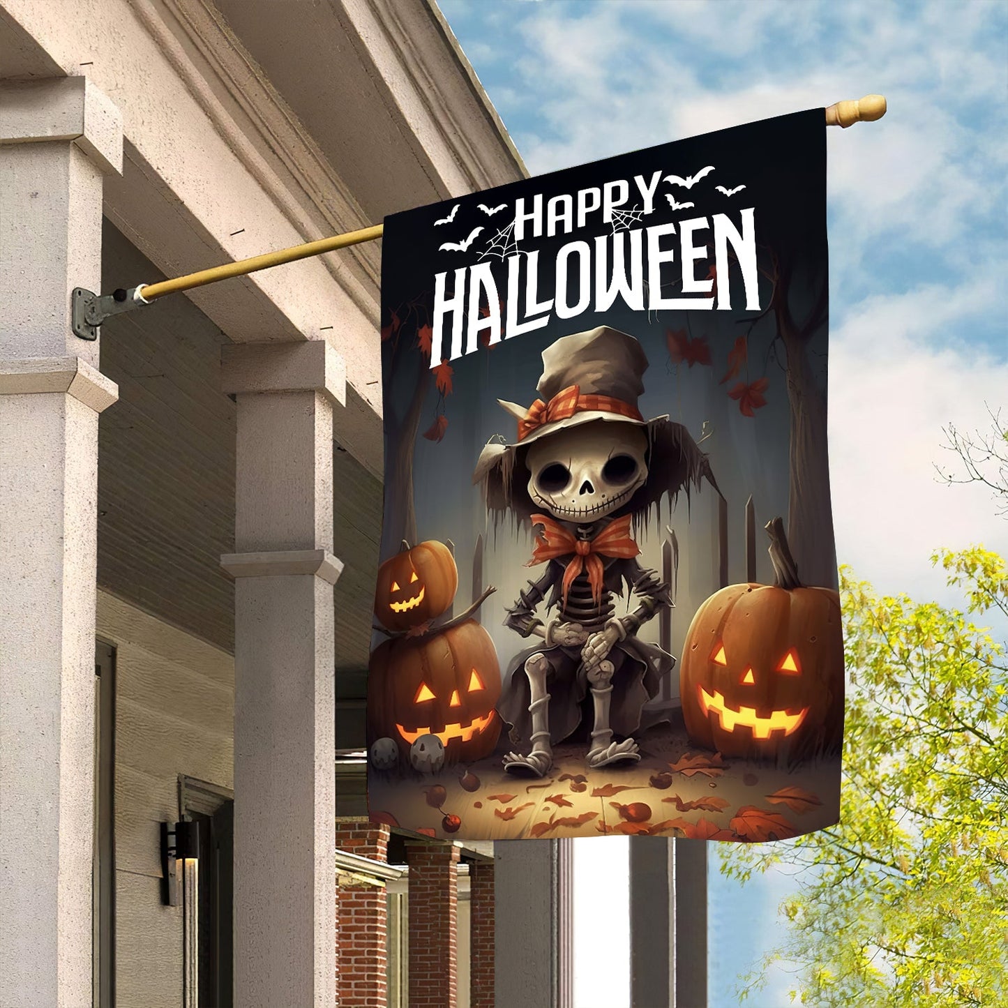 Cool Halloween Flag, Human Skeleton Sitting On Chair Spooky, Flag Gift For Halloween, Gift For Garden Flag