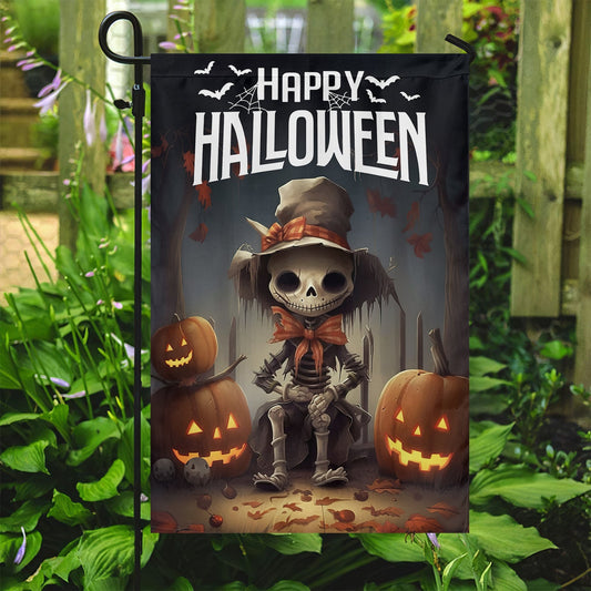 Cool Halloween Flag, Human Skeleton Sitting On Chair Spooky, Flag Gift For Halloween, Gift For Garden Flag