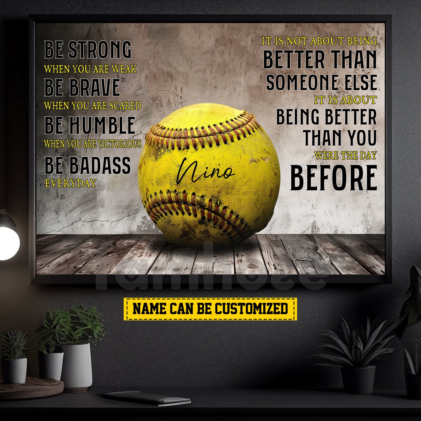Motivational Personalized Softball Canvas Painting, Be Strong Brave Humble Badass Sport Wall Art Decor, Poster Gift For Softball Lovers