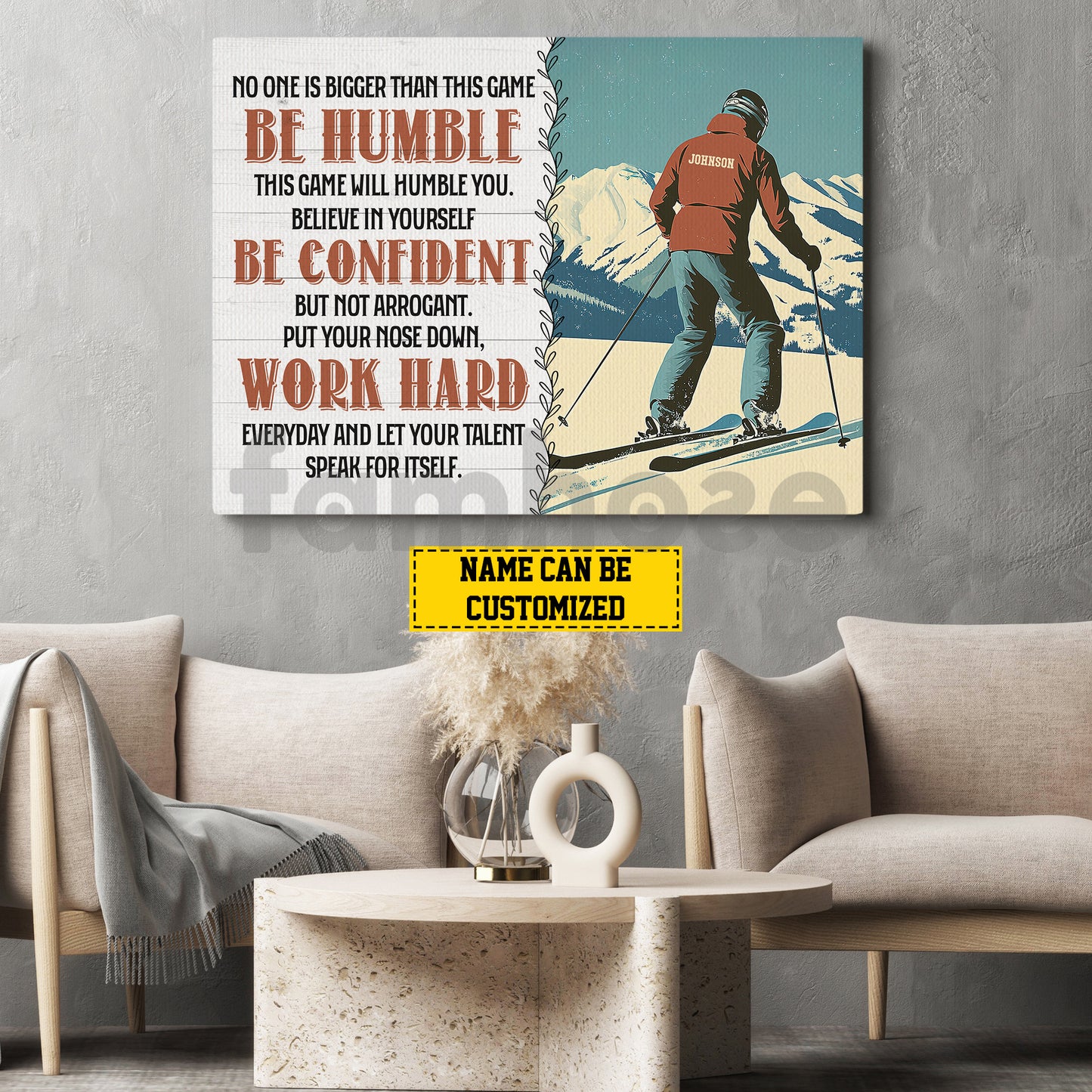 Personalized Skiing Canvas Painting, Be Humble Confident And Work Hard Sport Wall Art Decor, Poster Gift For Skiing Lovers