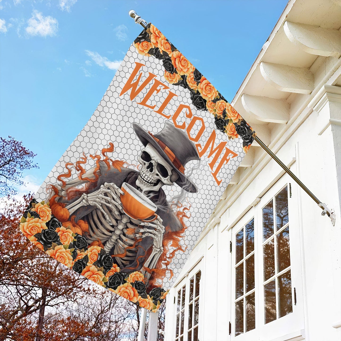 Halloween Flag, Human Skeleton Holding A Cup Of Tea, Flag Gift For Halloween, Gift For Garden Flag