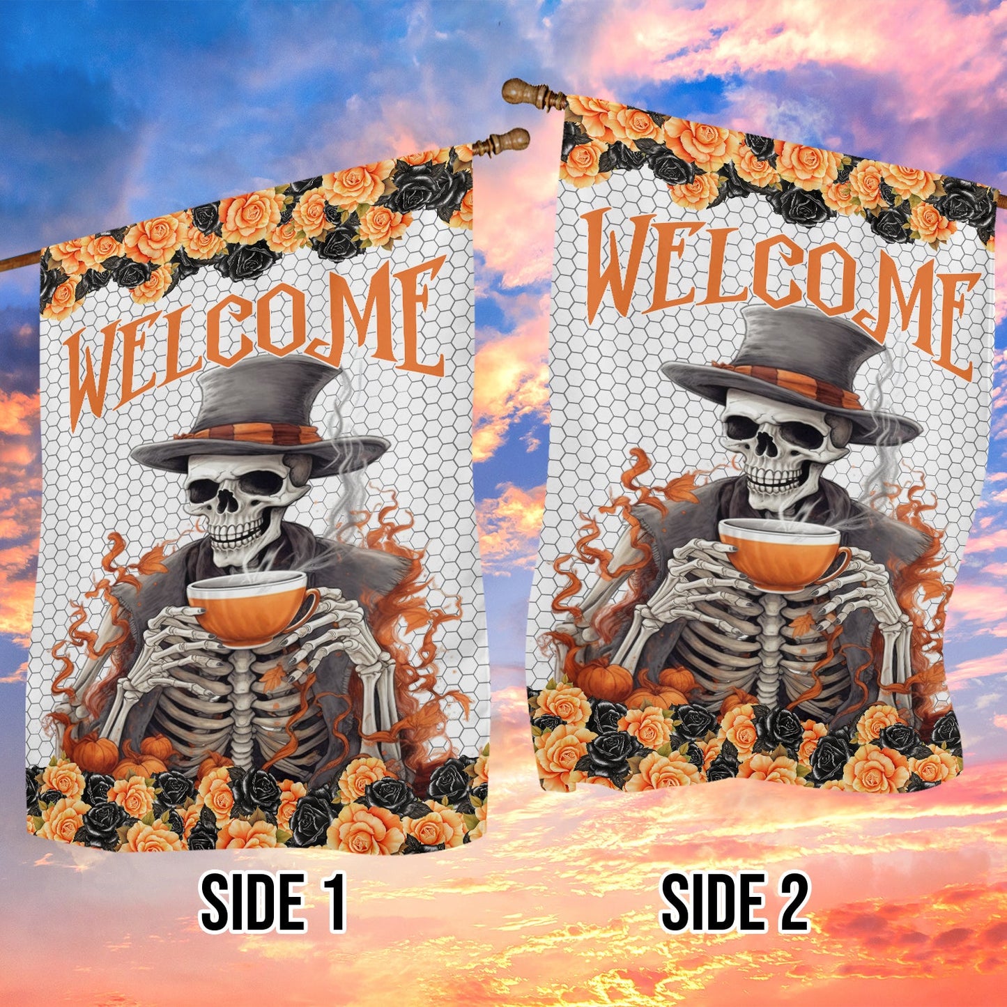 Halloween Flag, Human Skeleton Holding A Cup Of Tea, Flag Gift For Halloween, Gift For Garden Flag