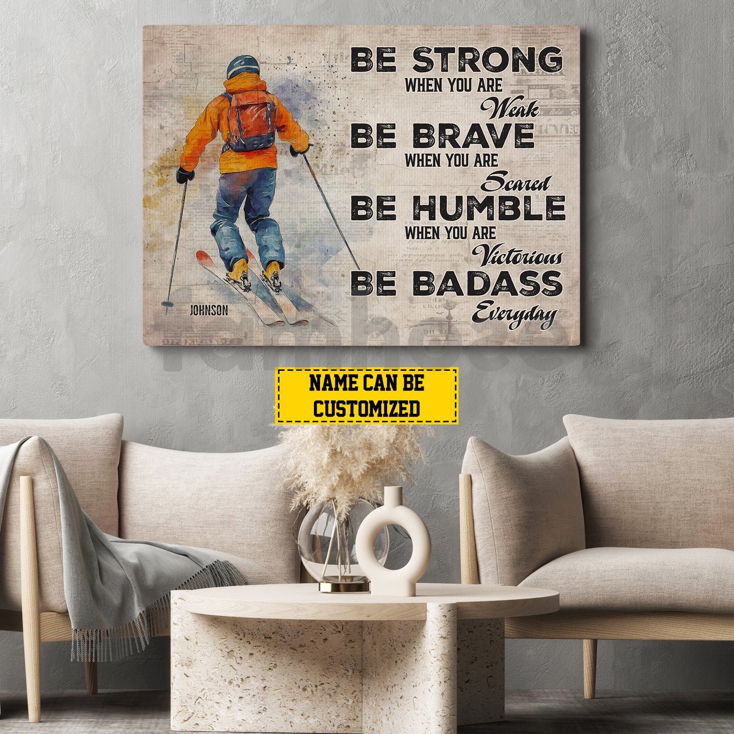 Personalized Skiing Canvas Painting, Be Strong Brave Humble Badass Wall Art Decor, Poster Gift For Skiing Lovers