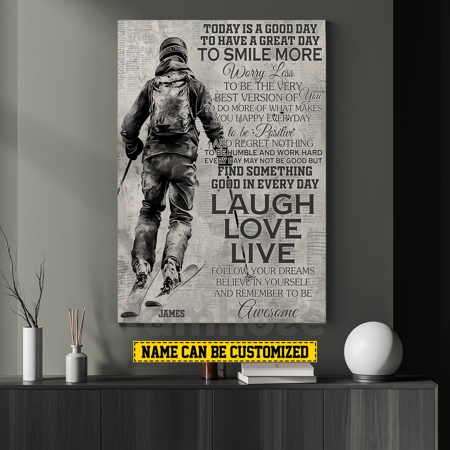 Personalized Skiing Canvas Painting, Laugh Love Live Sport Wall Art Decor, Poster Gift For Skiing Lovers